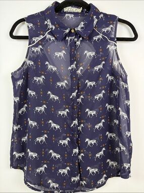 Vintage Chloe K Sheer Horse Button Down Top Navy Boho Western Coastal Cowgirl M